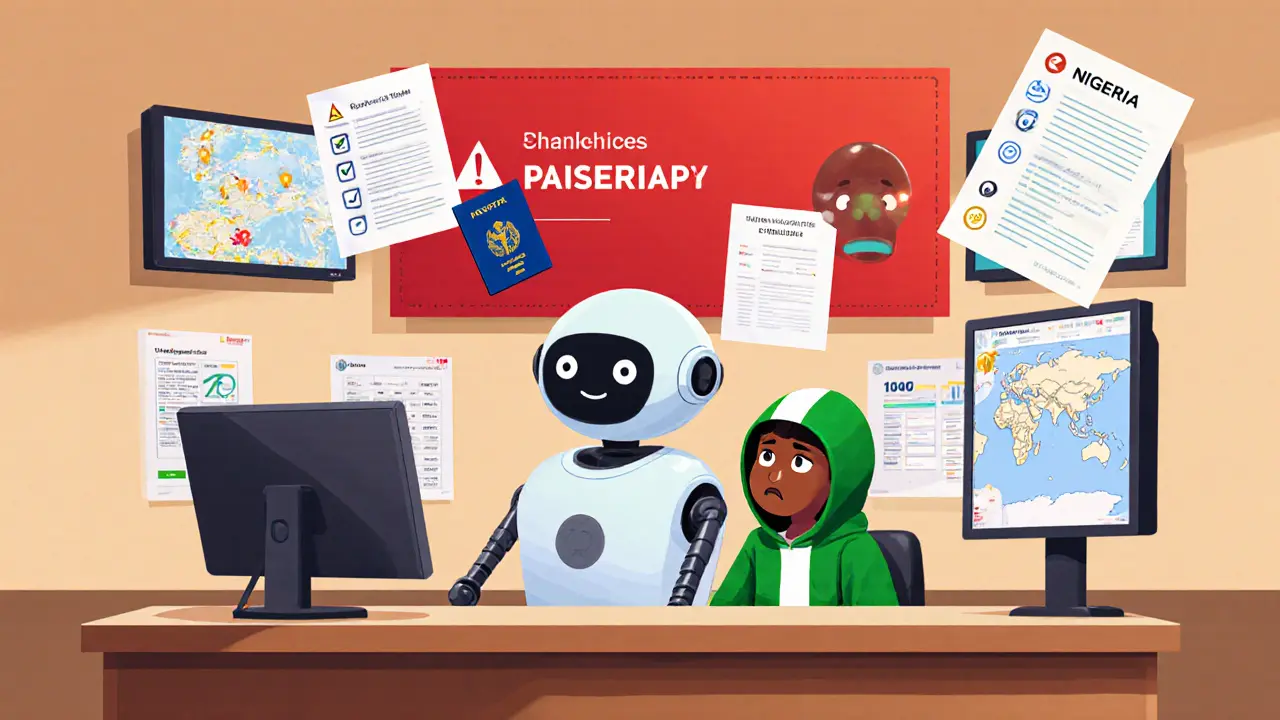 A cartoon robot cashier at a crypto exchange being blocked by floating ID documents for a Nigerian user.