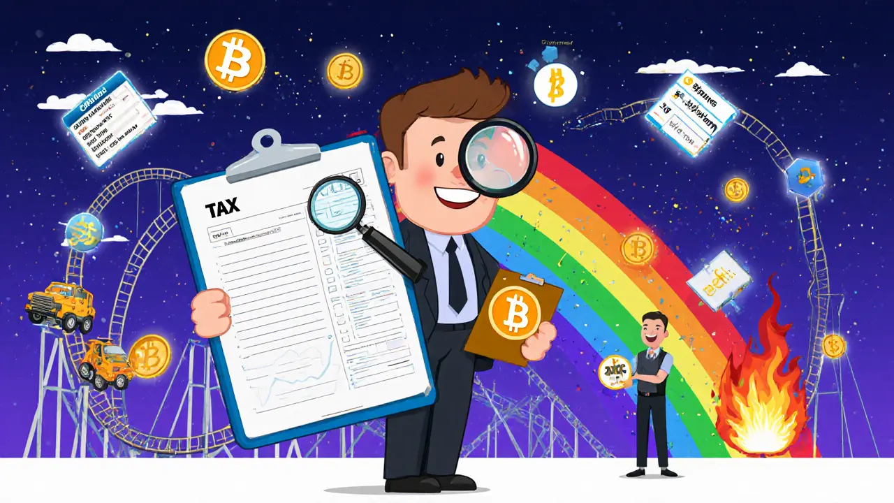 A cartoon tax auditor surrounded by crypto wallets and transaction logs, with a rainbow of gains splitting into two paths.