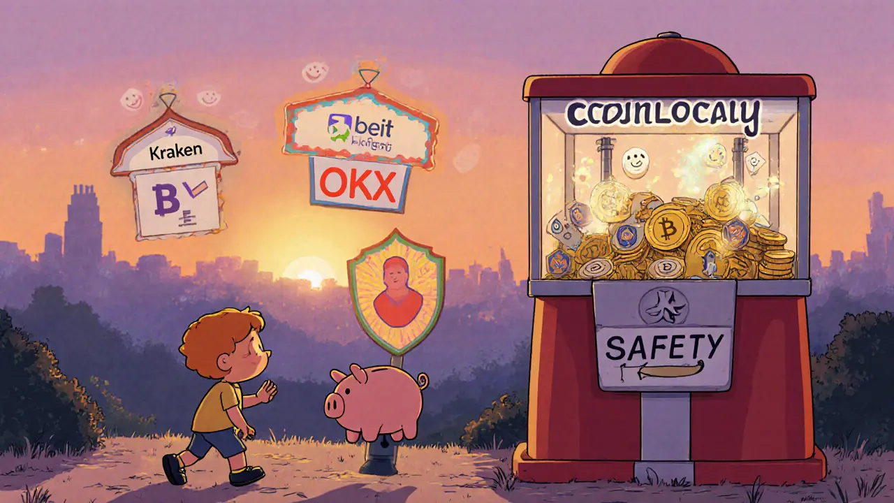 A child walking away from a risky crypto machine toward safer, licensed exchanges.