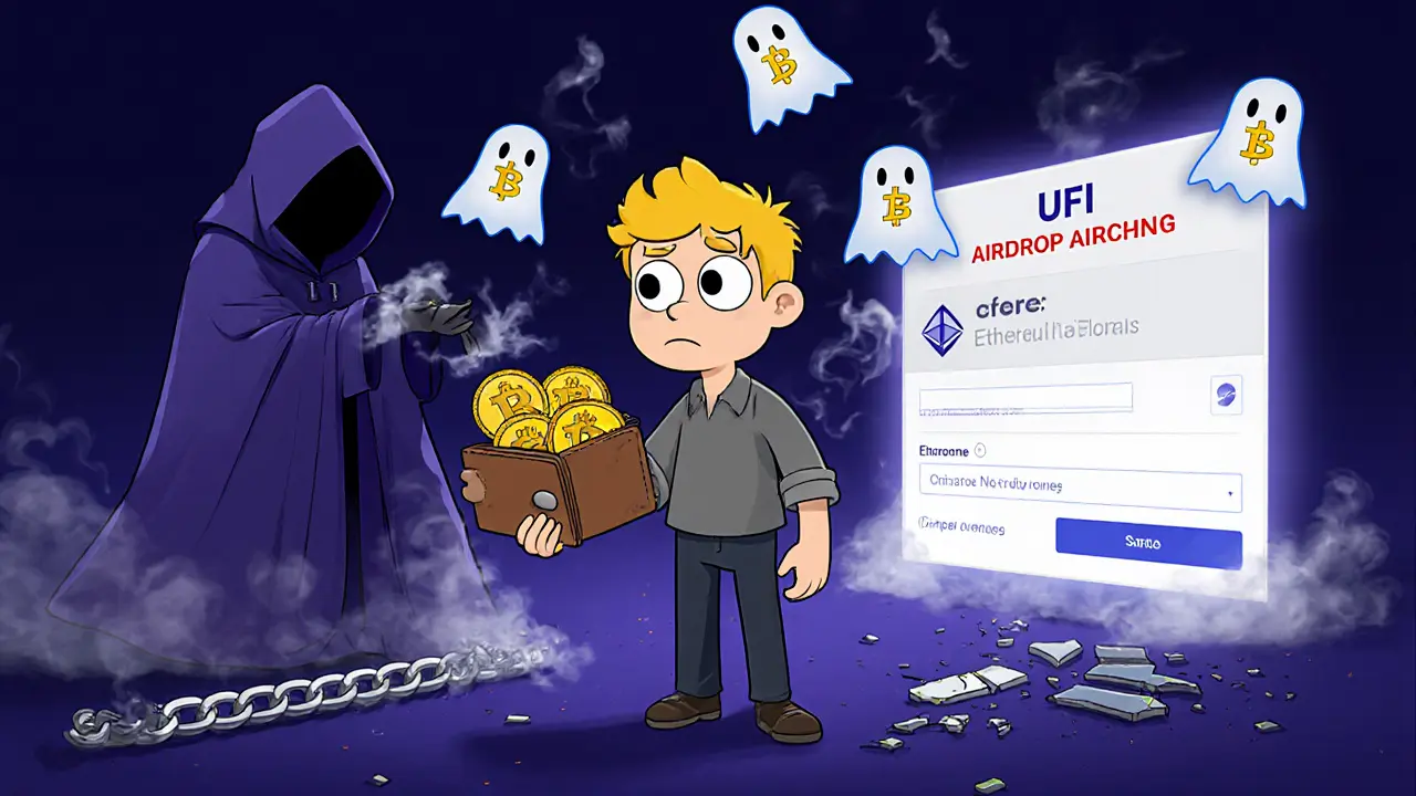 A confused user holding an empty wallet as ghostly UFI tokens vanish, with a scammer offering a fake portal.