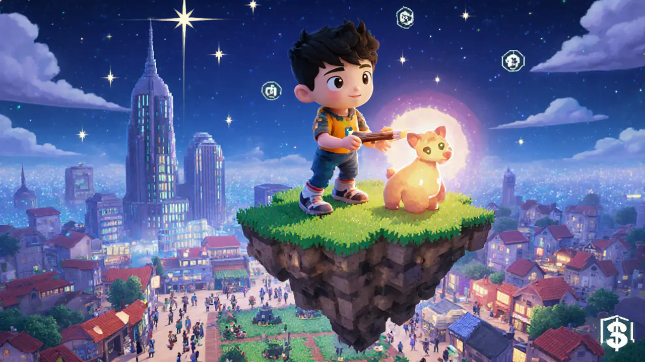 A creator painting a new NFT creature while a lively pixel marketplace thrives below.