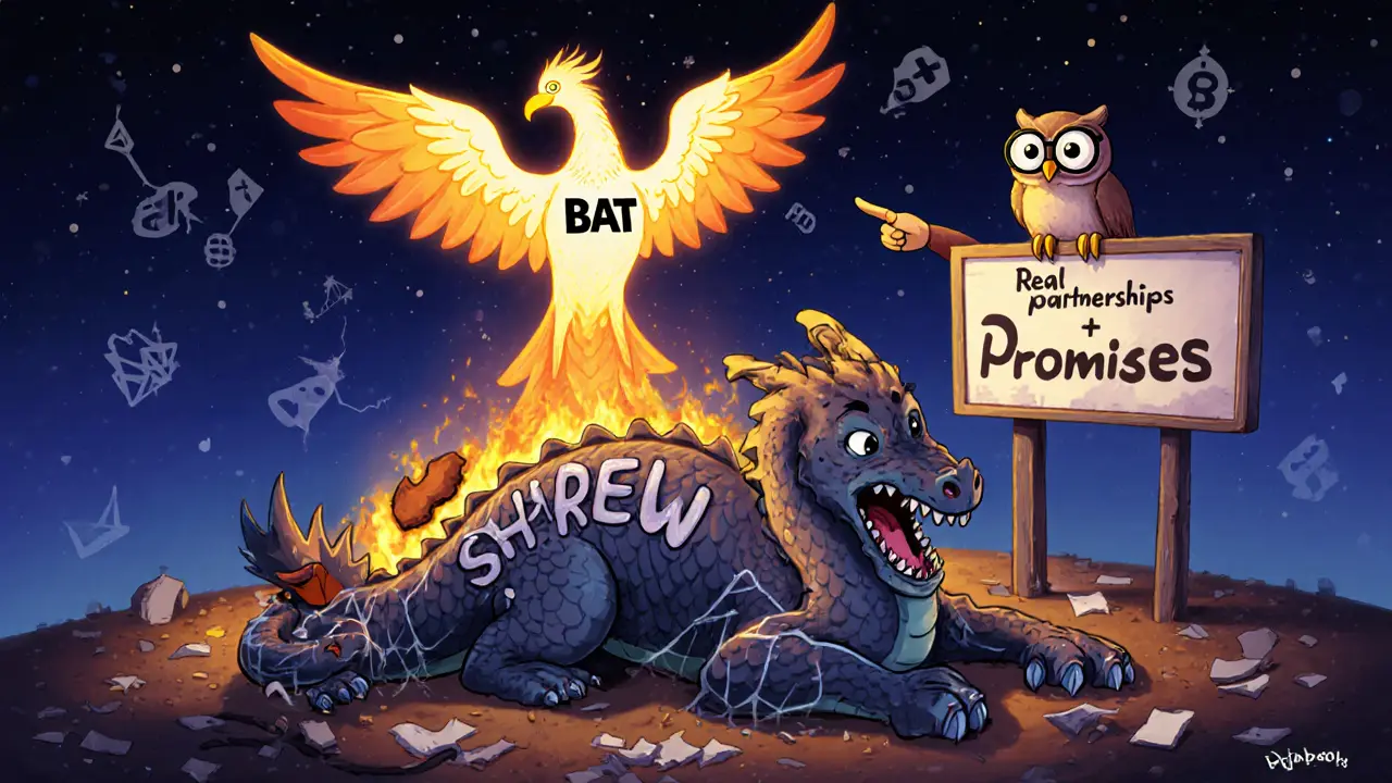 A defeated SHREW dragon lies in ruins as a phoenix labeled &#039;BAT&#039; and &#039;Odyssey&#039; rises above broken whitepapers.