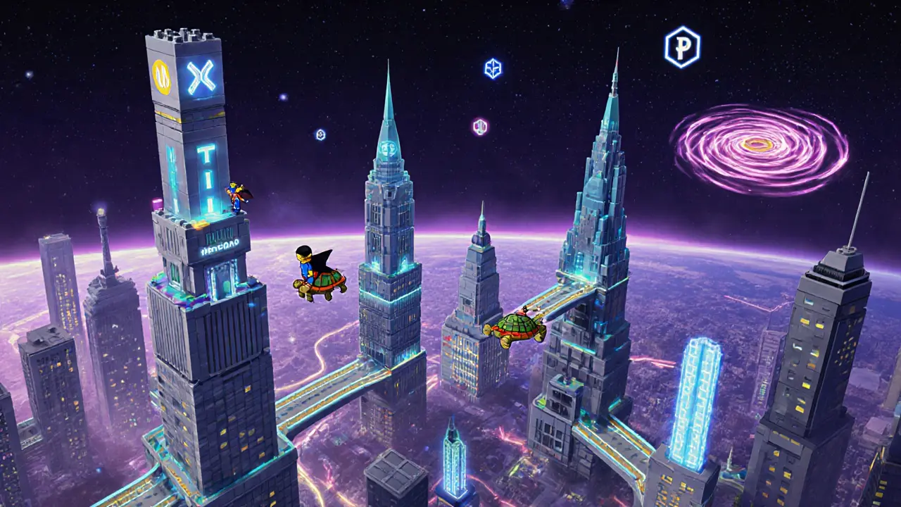 A floating city of DeFi protocols connected by glowing blockchain bridges in space.