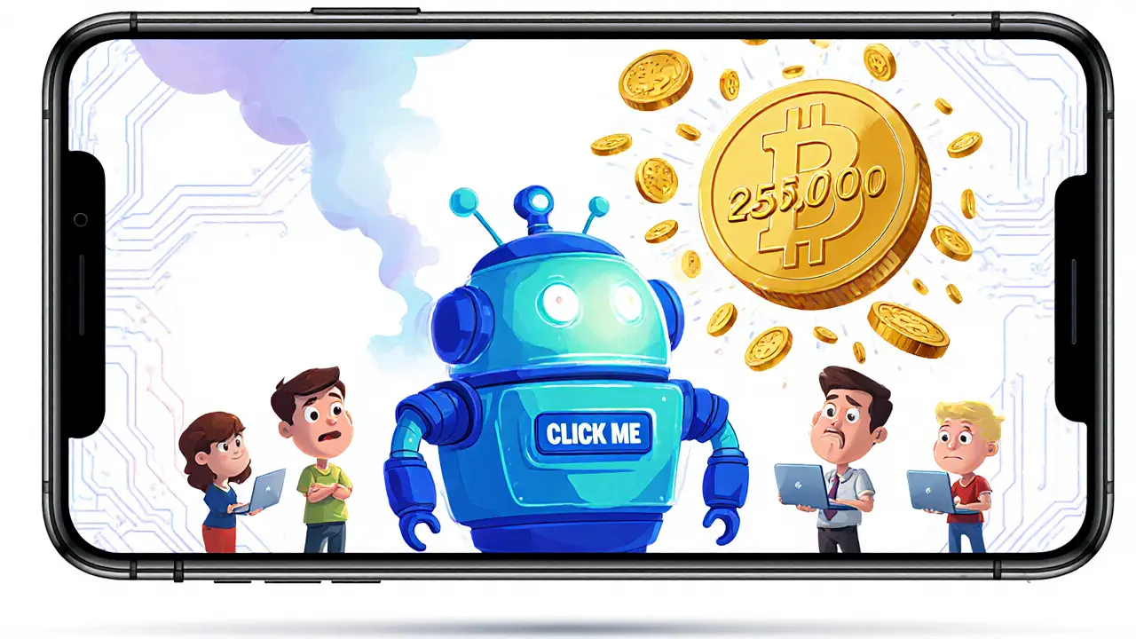 A friendly robot-shaped masternode device in a smartphone, releasing a shower of coins with one giant prize coin shining.