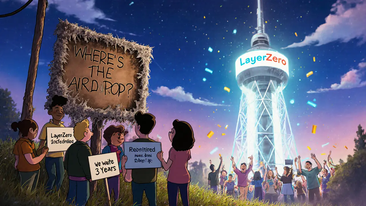 A group of disappointed crypto fans gathered around a dusty notice board, while thriving projects glow in the distance.