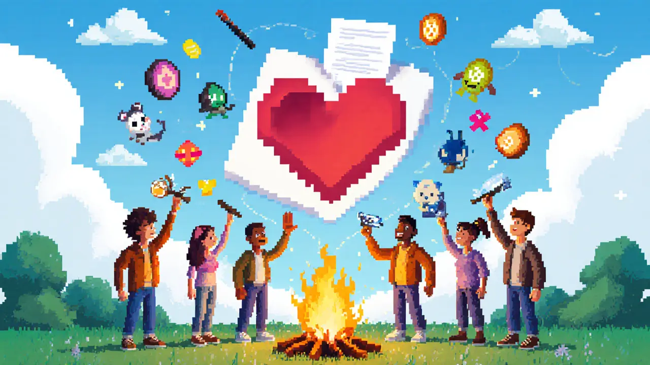 A group of friends voting on a glowing pixelated ballot in a dreamy game world.