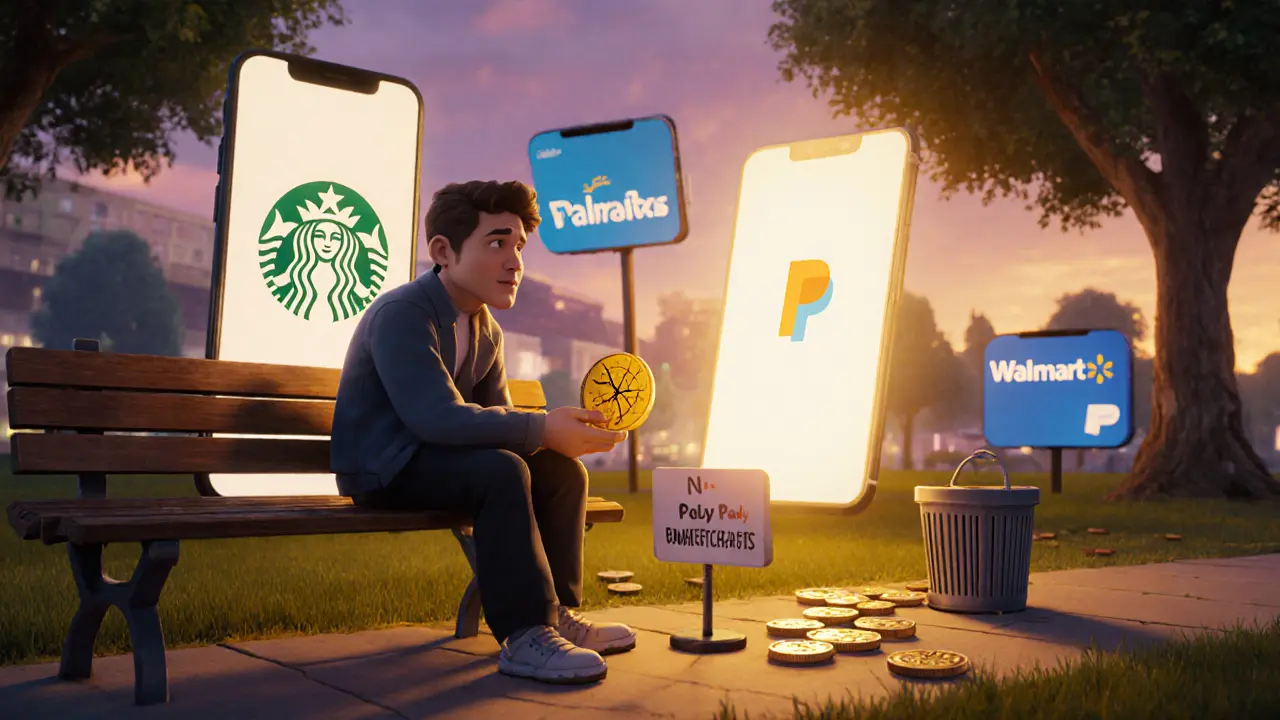 A lonely investor holds a cracked SHREW token while functioning loyalty apps glow brightly in the distance.