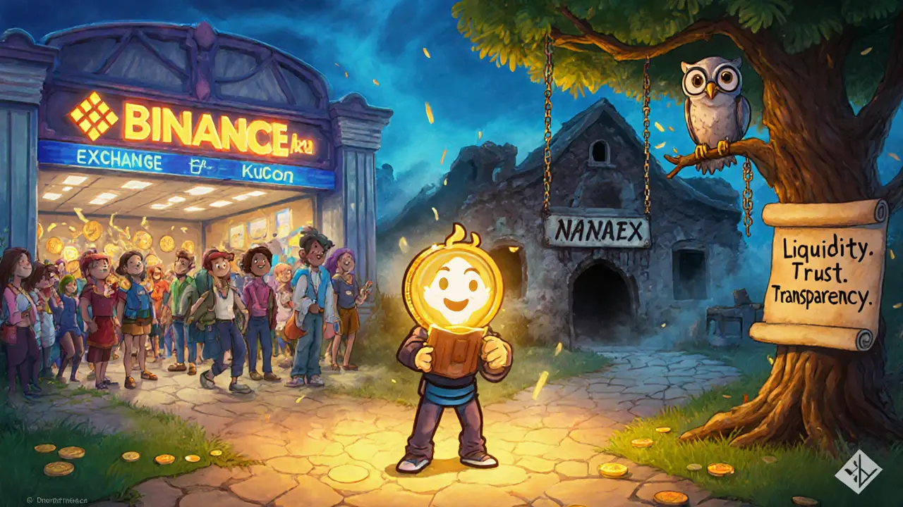 A person at a crossroads: one path to a vibrant exchange, the other to a crumbling &#039;Nanex&#039; building with a wise owl watching.