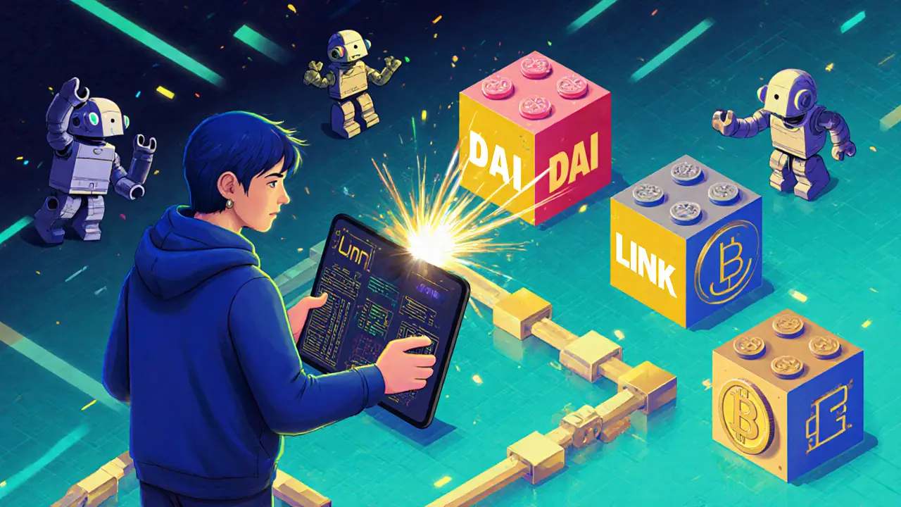 A person dragging DeFi tokens on a smartphone-style panel, triggering automated financial reactions.