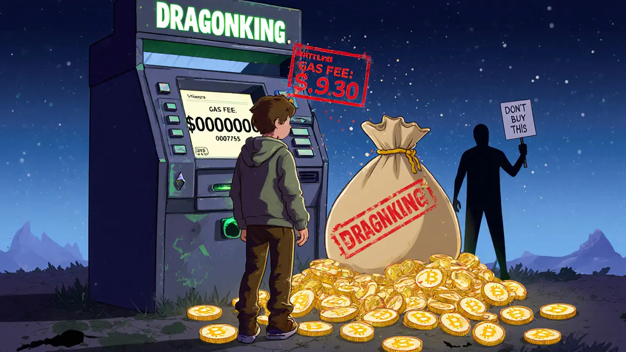 A person holds massive dragon tokens at a glitchy ATM as gas fees crush their wallet, while other crypto coins glow nearby.