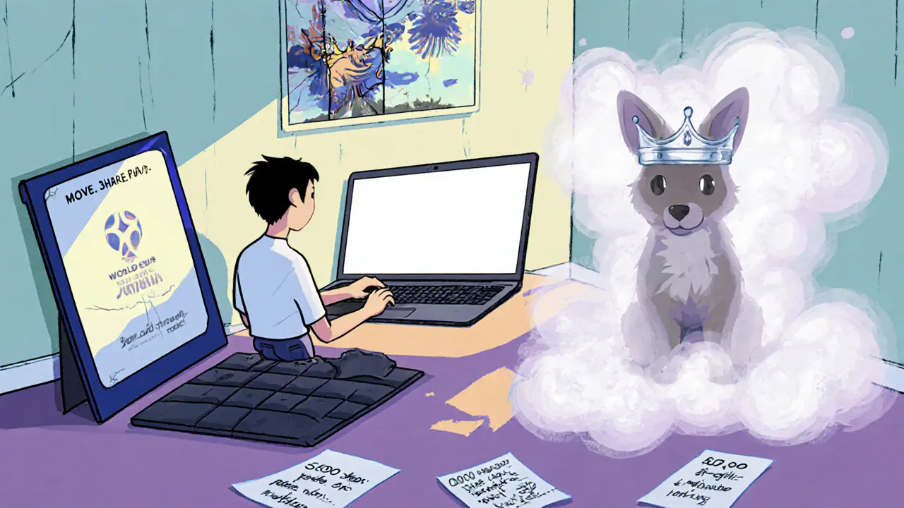 A person staring at a blank wallet screen as a fading NFT pet vanishes, with a cracked World Cup poster in the background.