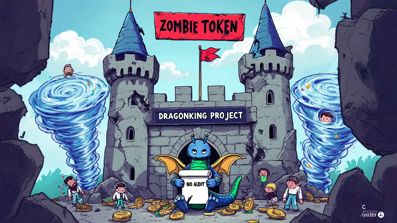 A ruined blockchain castle with a blank roadmap and users trapped in transaction loops under a &#039;ZOMBIE TOKEN&#039; sign.