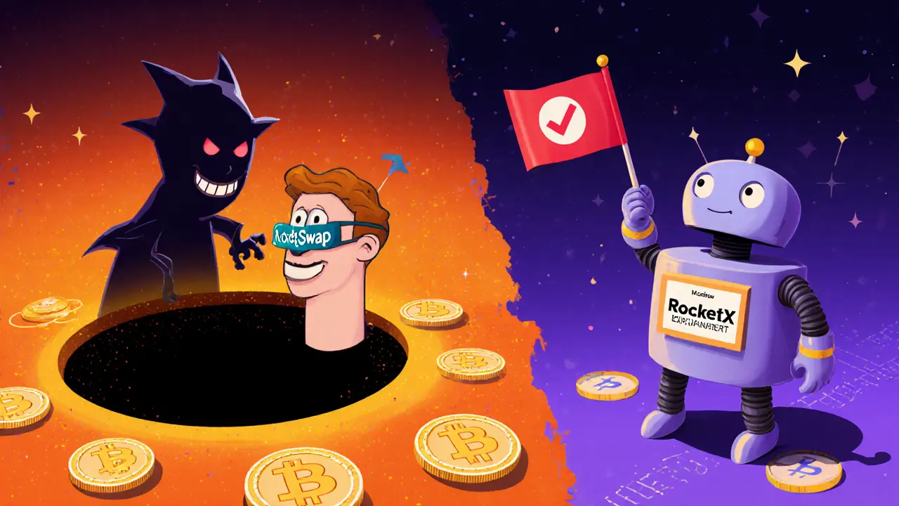 A shadowy figure lures a user toward a black hole labeled &#039;RocketSwap&#039; while a friendly RocketX robot points to safety.