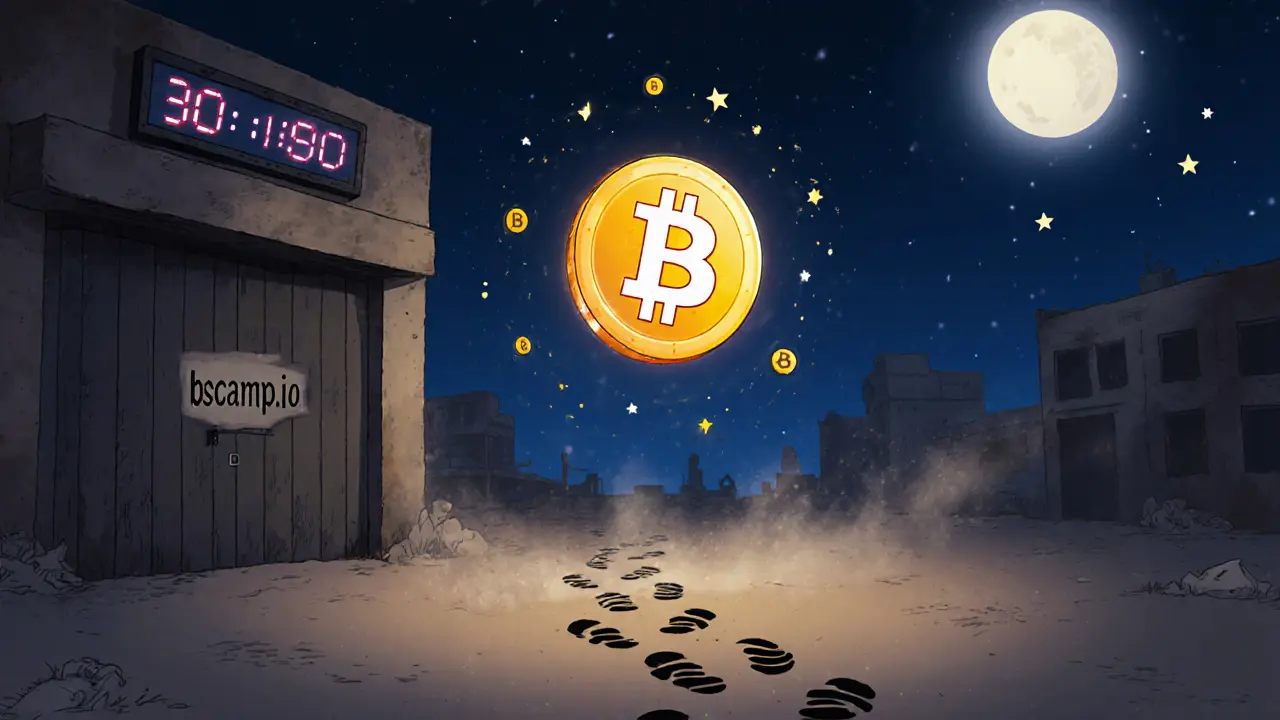 A single glowing BAMP token floats above an abandoned crypto hub at night.