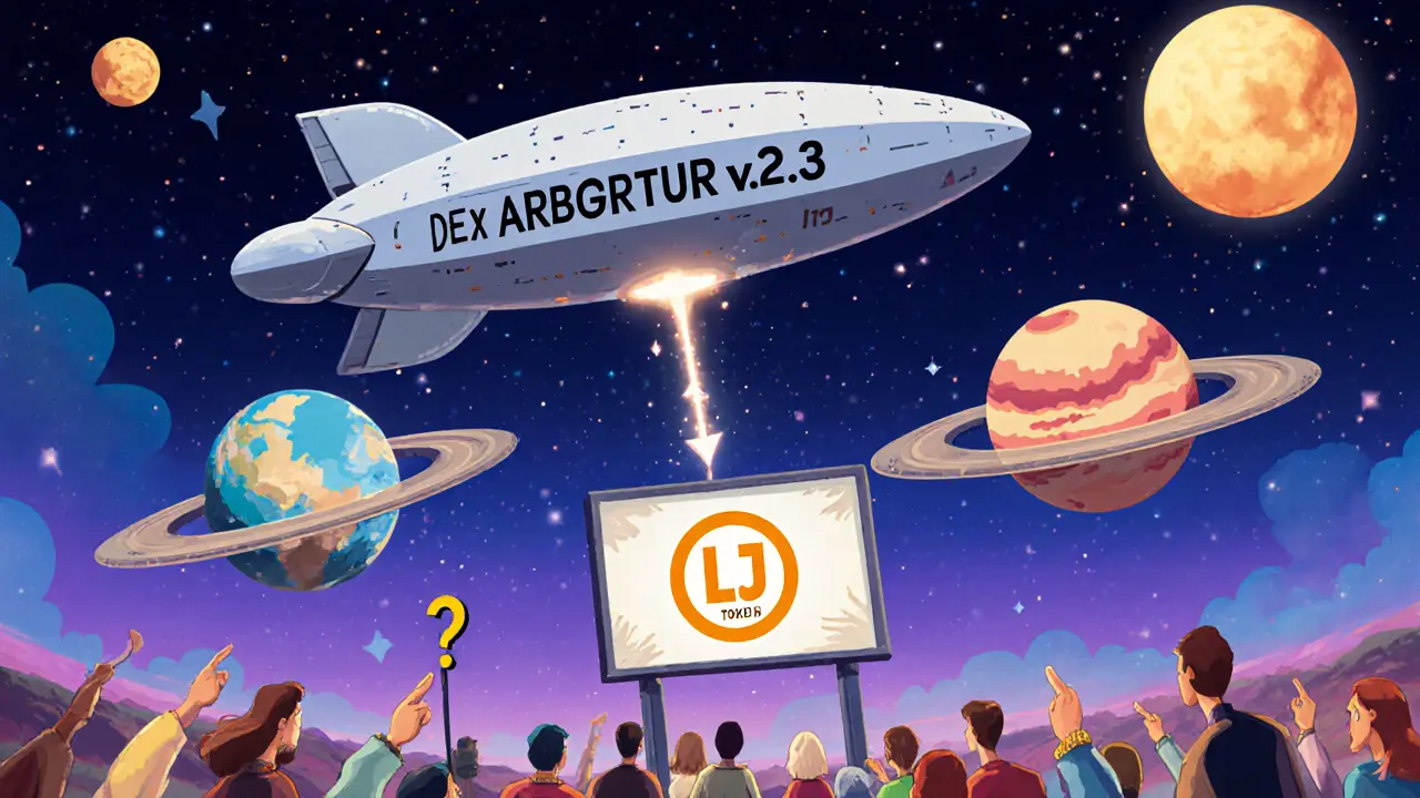 A spaceship labeled LFJ v2.3 launches cross-chain bridges toward three planets, while a faded &#039;Only 5 Tokens&#039; billboard looms below.
