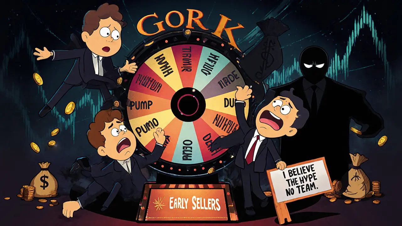 A spinning casino wheel labeled with crypto scams, confused investors clinging to it, while a shadowy figure drops coins into a hole.