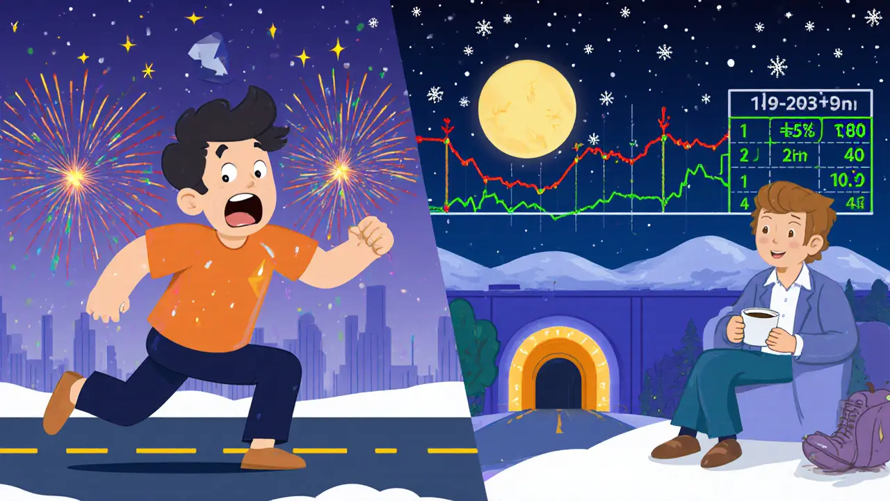 A split scene: one user rushing with high gas fees, another waiting calmly during low-fee hours.