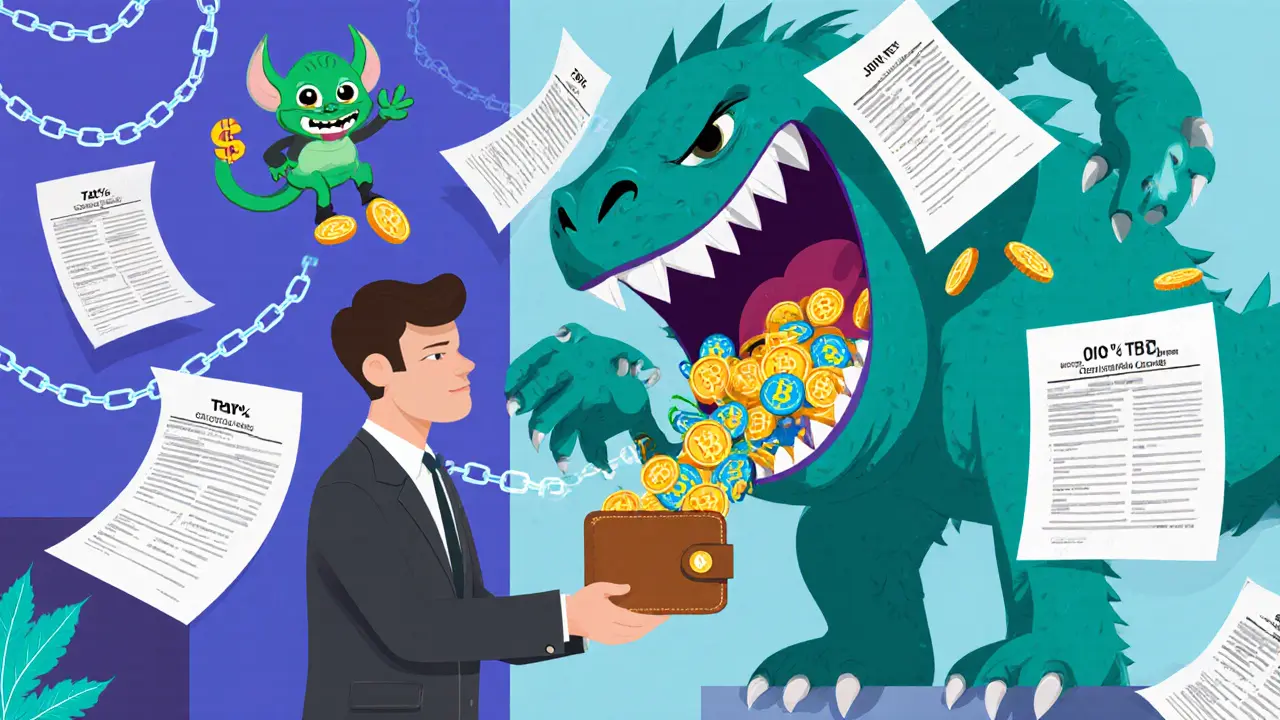A tax monster consumes crypto tokens while a tiny goblin collects 1% TDS.