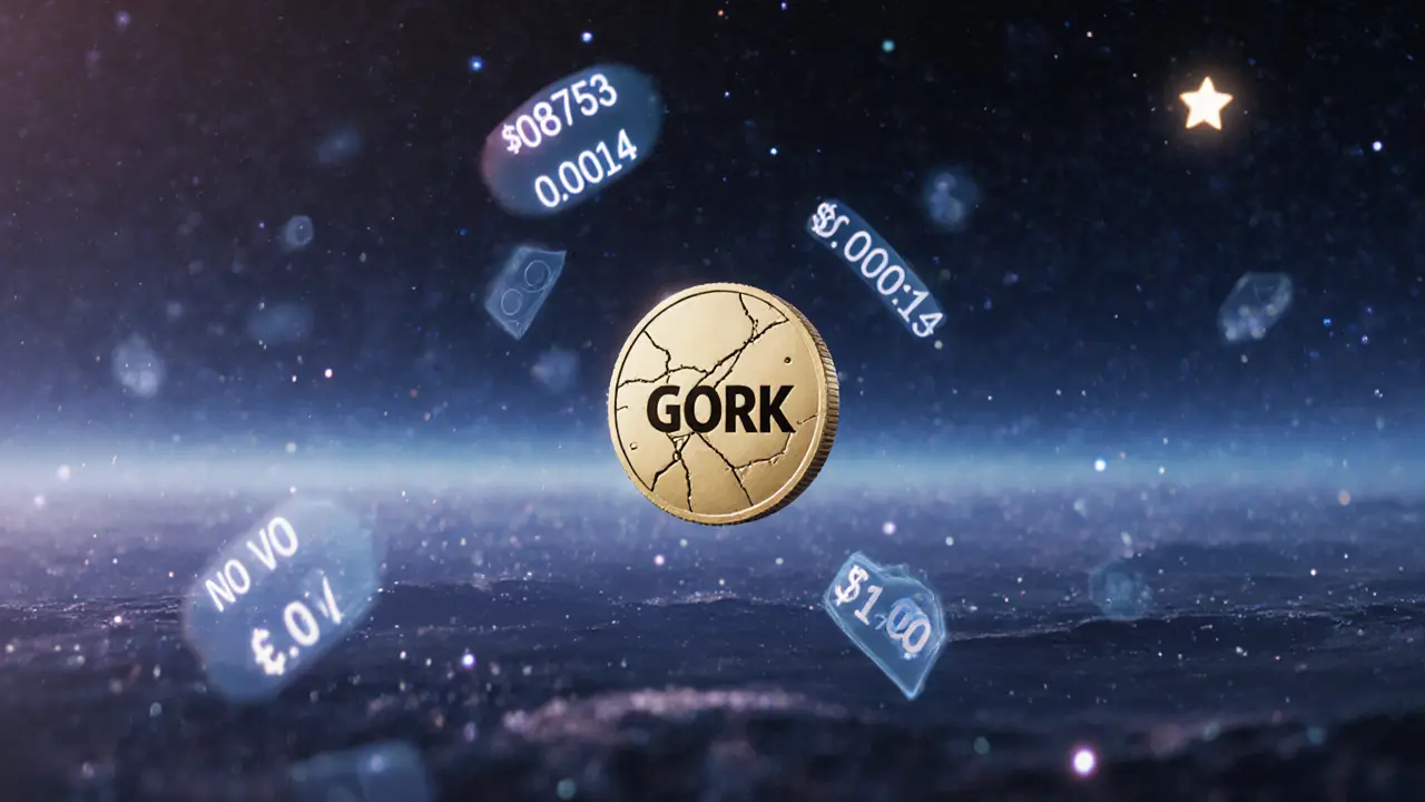A tiny, cracked GORK token floating alone in a dark digital void, surrounded by fading price numbers and ghostly data particles.