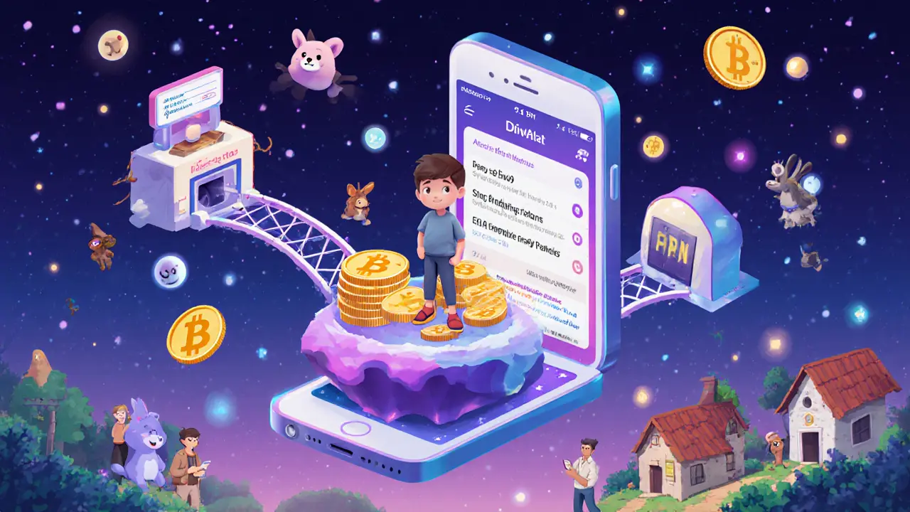 A tiny user inside a phone app universe staking coins and using swap portals, guided by cartoon animals in a magical wallet world.