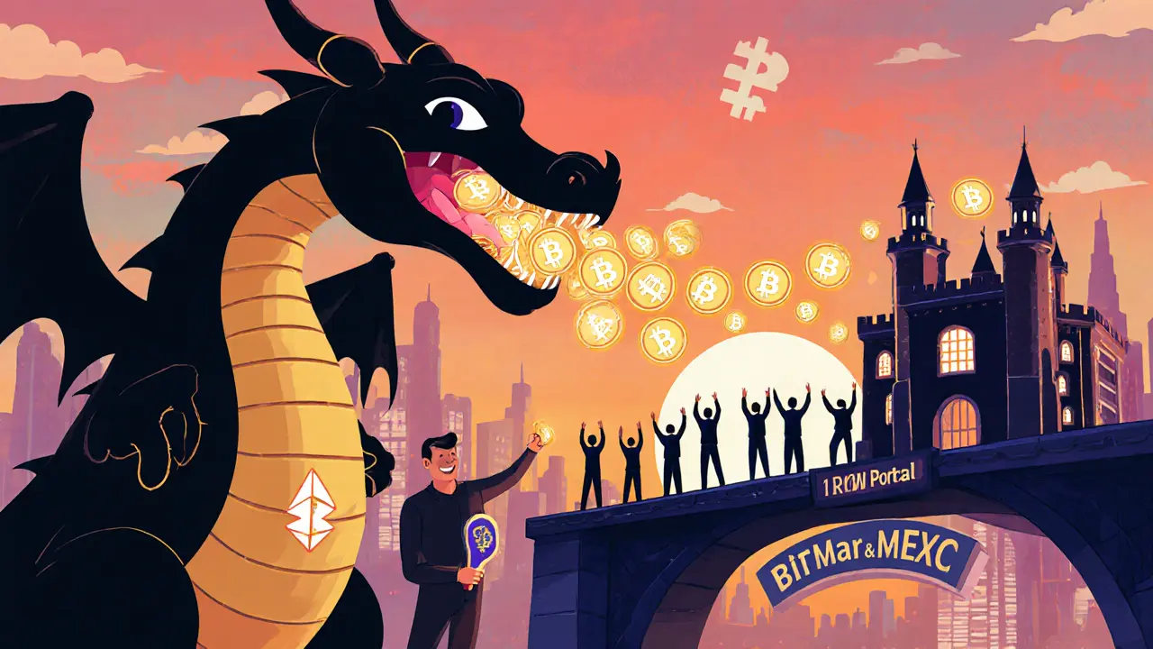A token dragon powers a real-world asset portal as investors celebrate on a bridge labeled with exchange names.