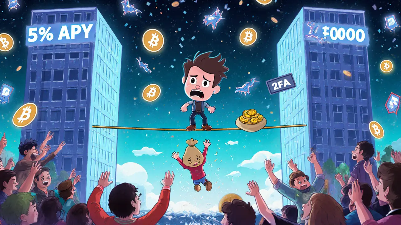 A trader on a tightrope between high yields and extreme leverage, falling into a pit of frozen funds.