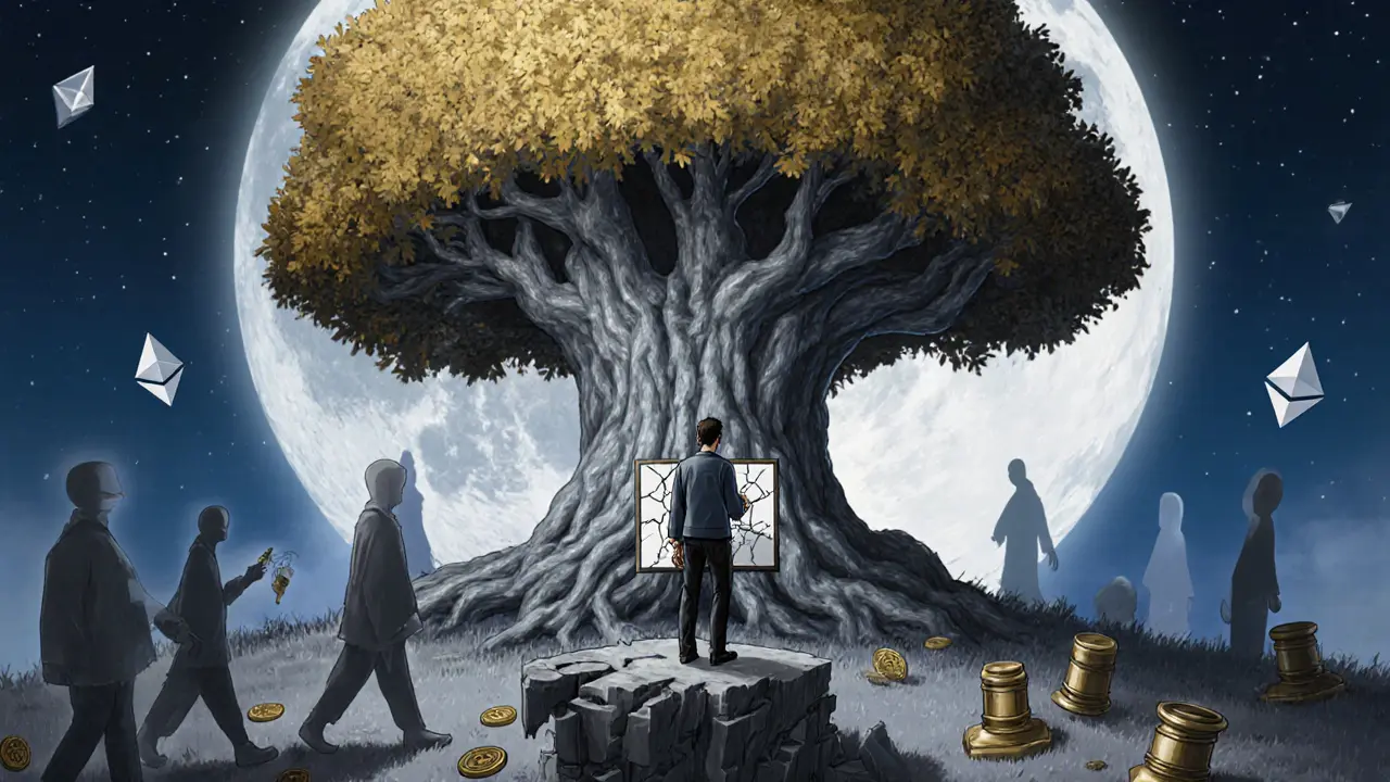 An artist watches their NFT artwork crack apart while blockchain leaves wither in the background.