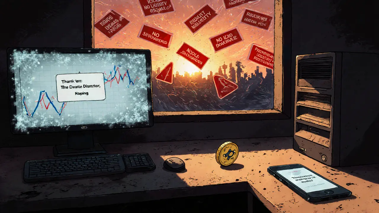 An empty office with frozen screens and swirling warning signs, a lone Nano coin rolling away into darkness.