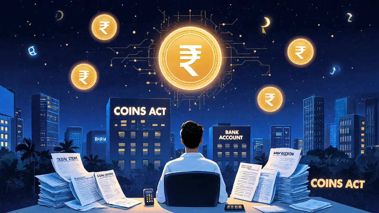 An entrepreneur surrounded by compliance papers looks up at a glowing e-Rupee in the sky.