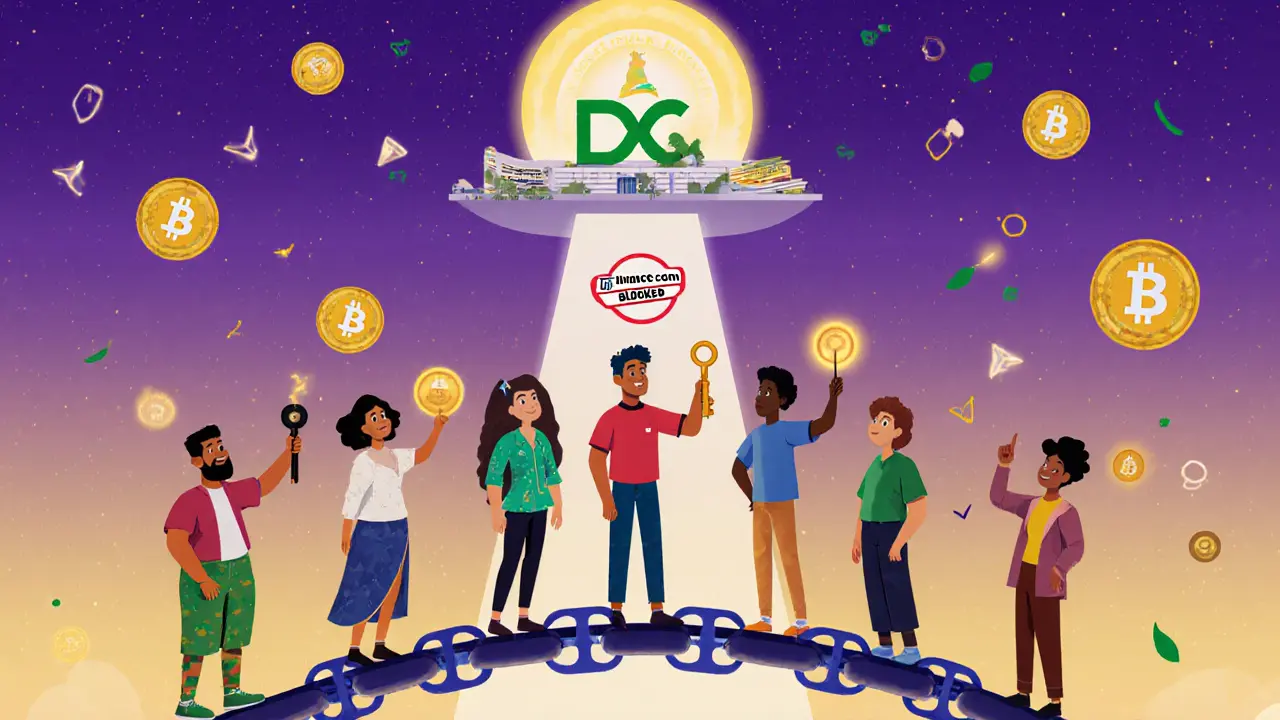 Brazilian users walk on a blockchain bridge toward a future of tokenized finance, guided by the Central Bank&#039;s protective light.