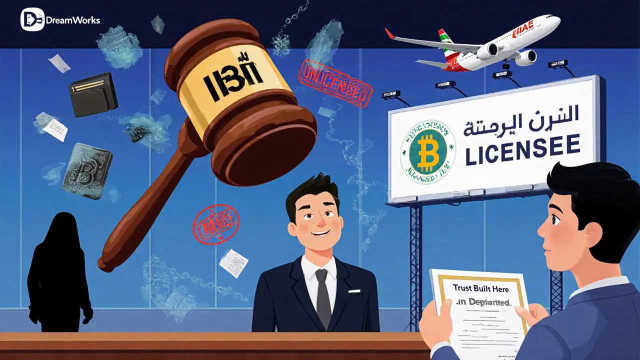Cartoon CEO facing MAS gavel as unlicensed evidence floats around, while a licensed exchange shines on a billboard in the background.