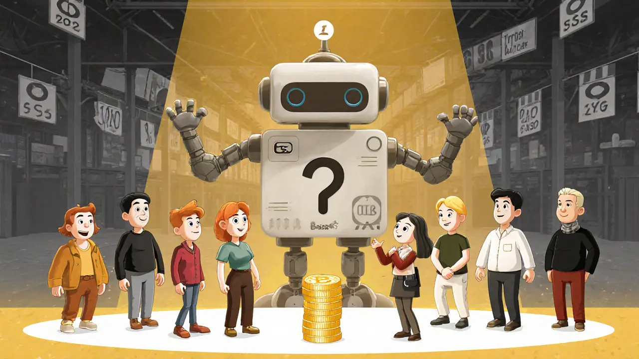 Cartoon wallet characters interacting with a quirky robot made of crypto tokens.