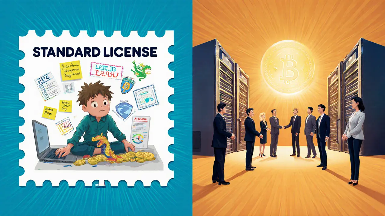 Contrasting cartoon scenes: a small startup overwhelmed by compliance vs. a professional firm passing MAS inspection with institutional investors.