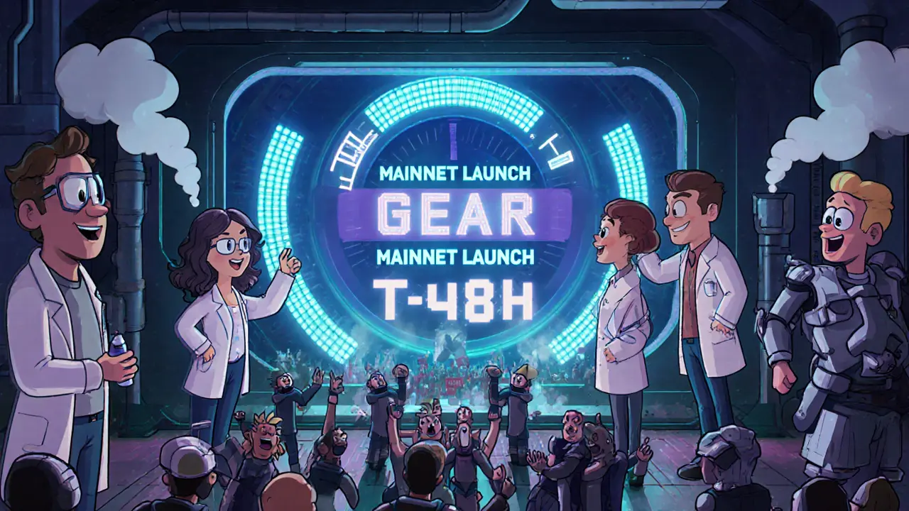 Developers adjust a zero-supply token dial as excited avatars cheer outside.