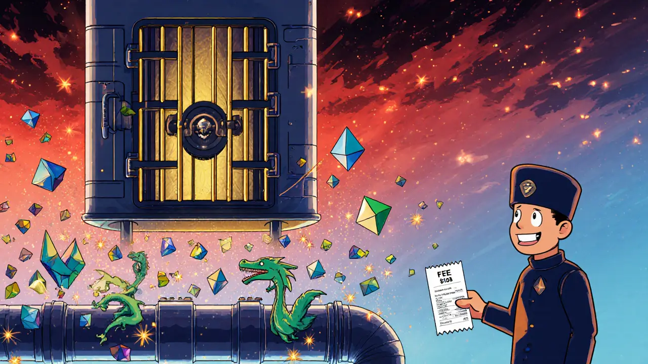 Ethereum mainnet vault with Layer 2 transactions flowing below, fees reduced to tiny sparks.