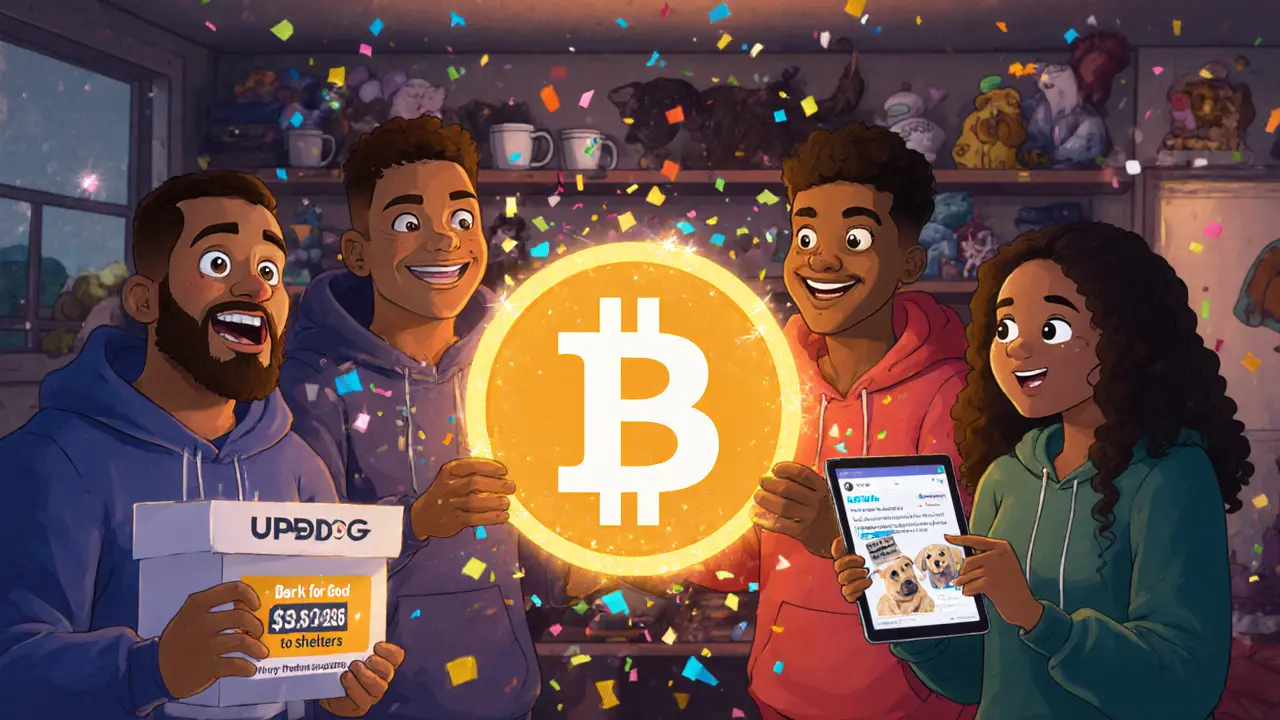 Friends in hoodies celebrating around a glowing UPDOG token in a cozy Discord room.