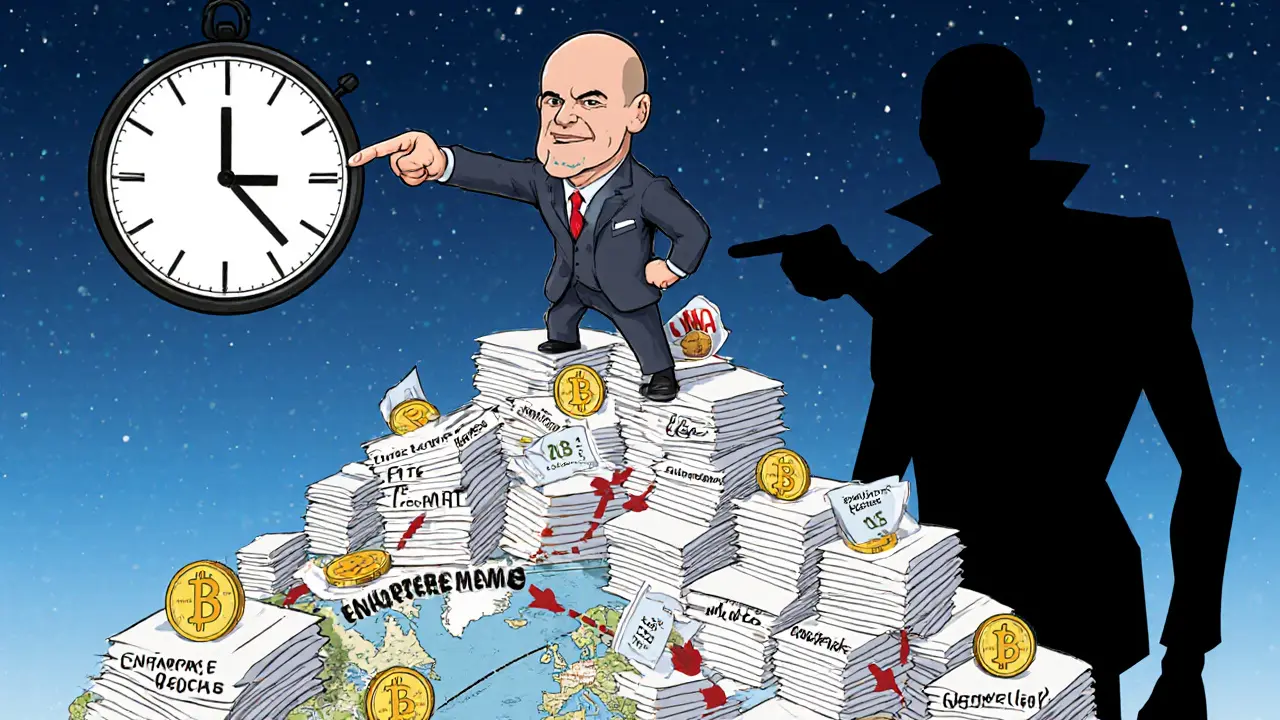 Gary Gensler points as crypto startups flee the U.S. toward other countries amid a mountain of legal papers.