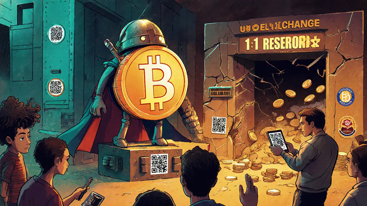 Illustration of a marketplace where a superhero stablecoin protects a reserve vault while unregulated exchanges crumble.