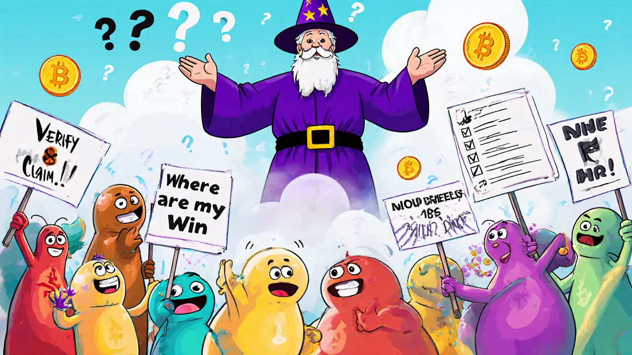 NFT creatures confused around a disappearing wizard with no airdrop rules visible.