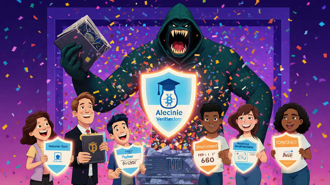 People protected by digital shields of verified credentials, defeating a data-hacking monster.