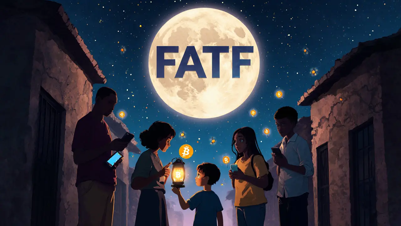 People trading crypto at night in shadowy alleys while a giant FATF logo watches from the sky.