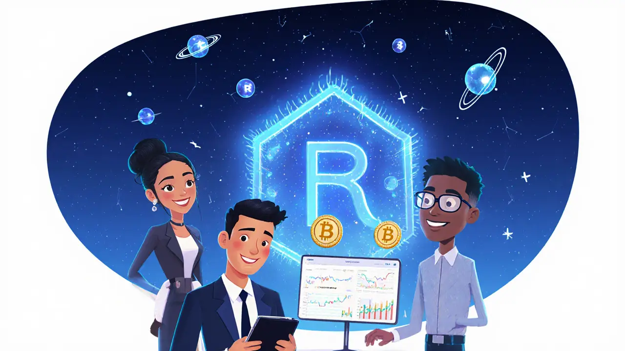 Professionals using one tablet to manage crypto, with an AI assistant and blockchain nodes in the background.