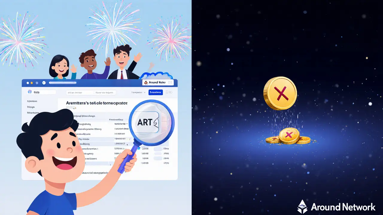 Split scene: real airdrop with verified activity vs. empty void labeled &#039;Around Network&#039;.