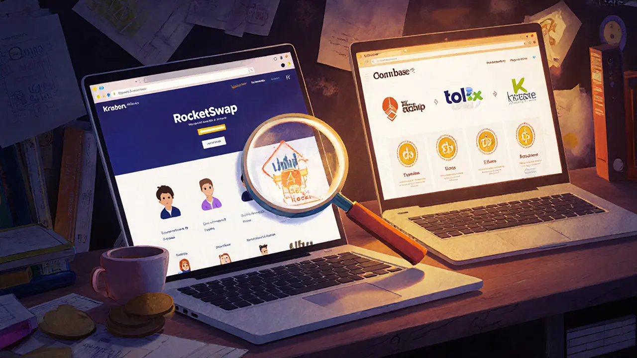 Three laptops showing fake RocketSwap vs real exchanges like RocketX, Coinbase, and Kraken, with a magnifying glass revealing phishing symbols.