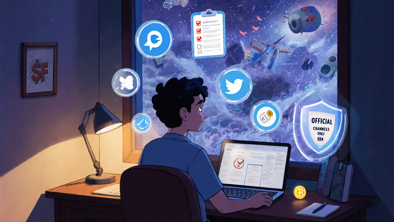 User completing six airdrop tasks with official platform icons floating around them