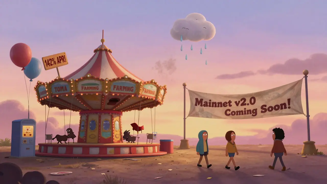 A broken carnival ride labeled &#039;TOMA FARMING&#039; with users walking away sadly.