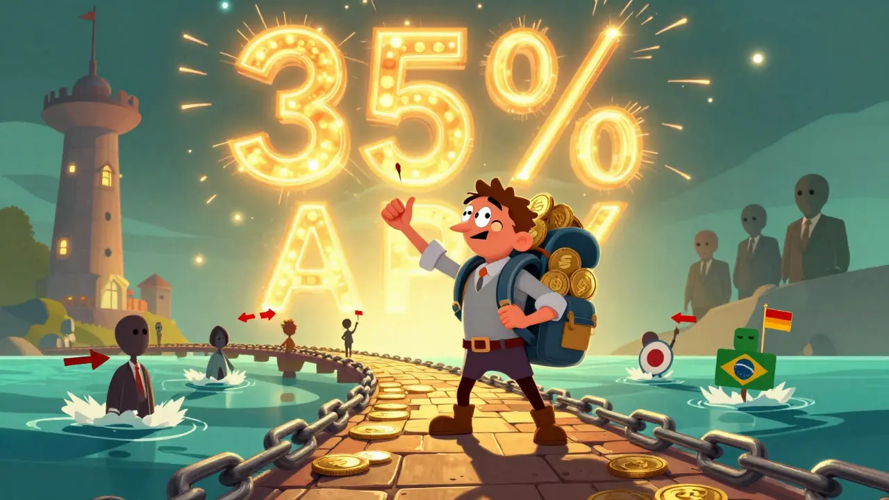 A cartoon character sending zero-fee crypto transfers across the world under a sparkling 35% APY sign.