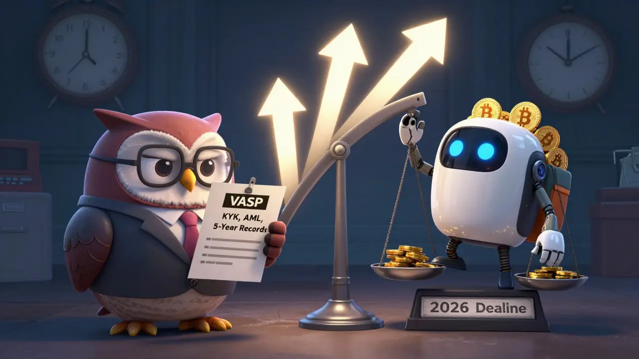 A cartoon owl enforcing crypto compliance against a mining robot as a 2026 deadline looms in the background.