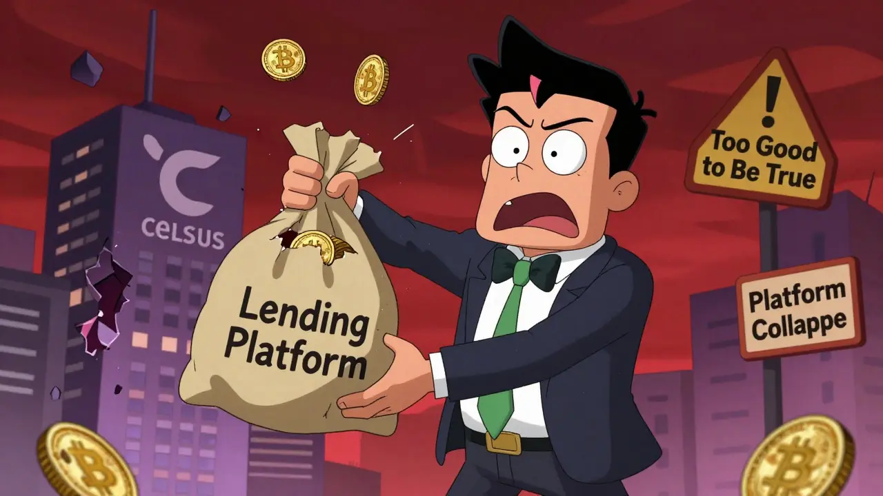 A character watches as their lent Bitcoin coins fall from a collapsing platform.