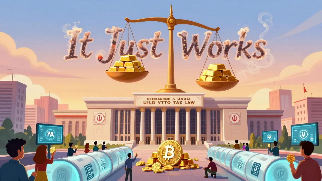 A city under a government building with blockchain tunnels and a scale balancing gold and crypto, symbolizing Iran&#039;s new crypto tax law.